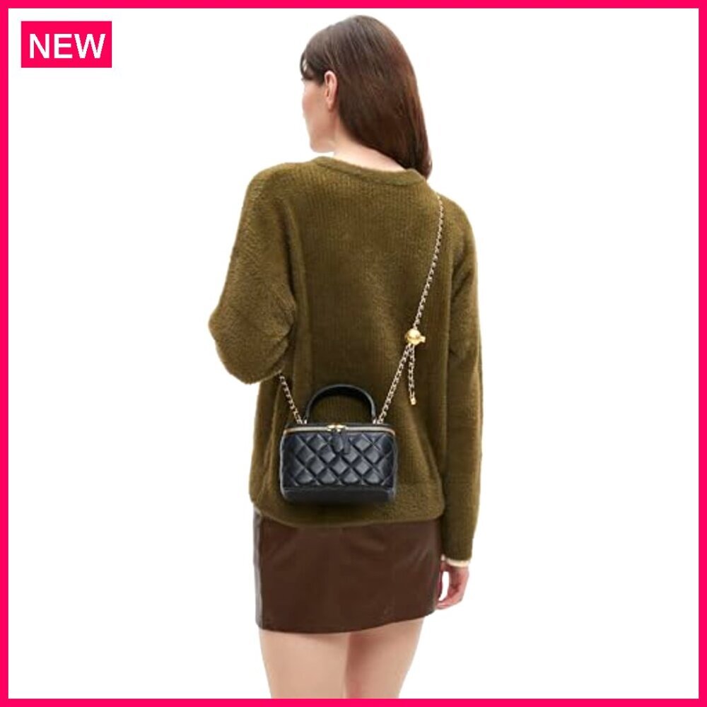 Small Quilted Leather Crossbody Bag with Chain Strap Mini Top Handle Pouch - Picture 3 of 8